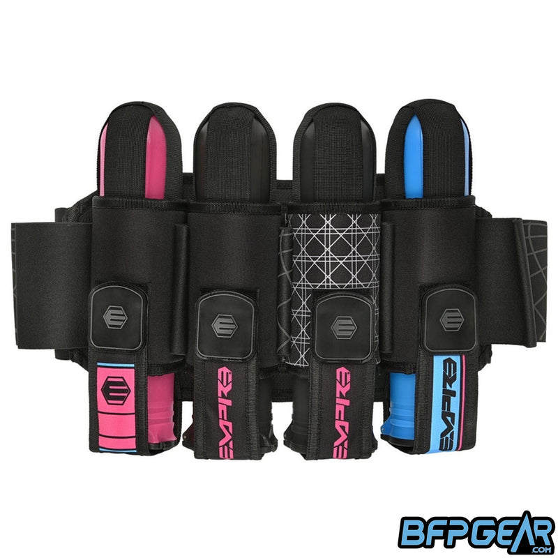 The Empire Compressor Paintball harness in the cotton candy color way. Pod capacity is 4+7 and can hold up to 11 pods.
