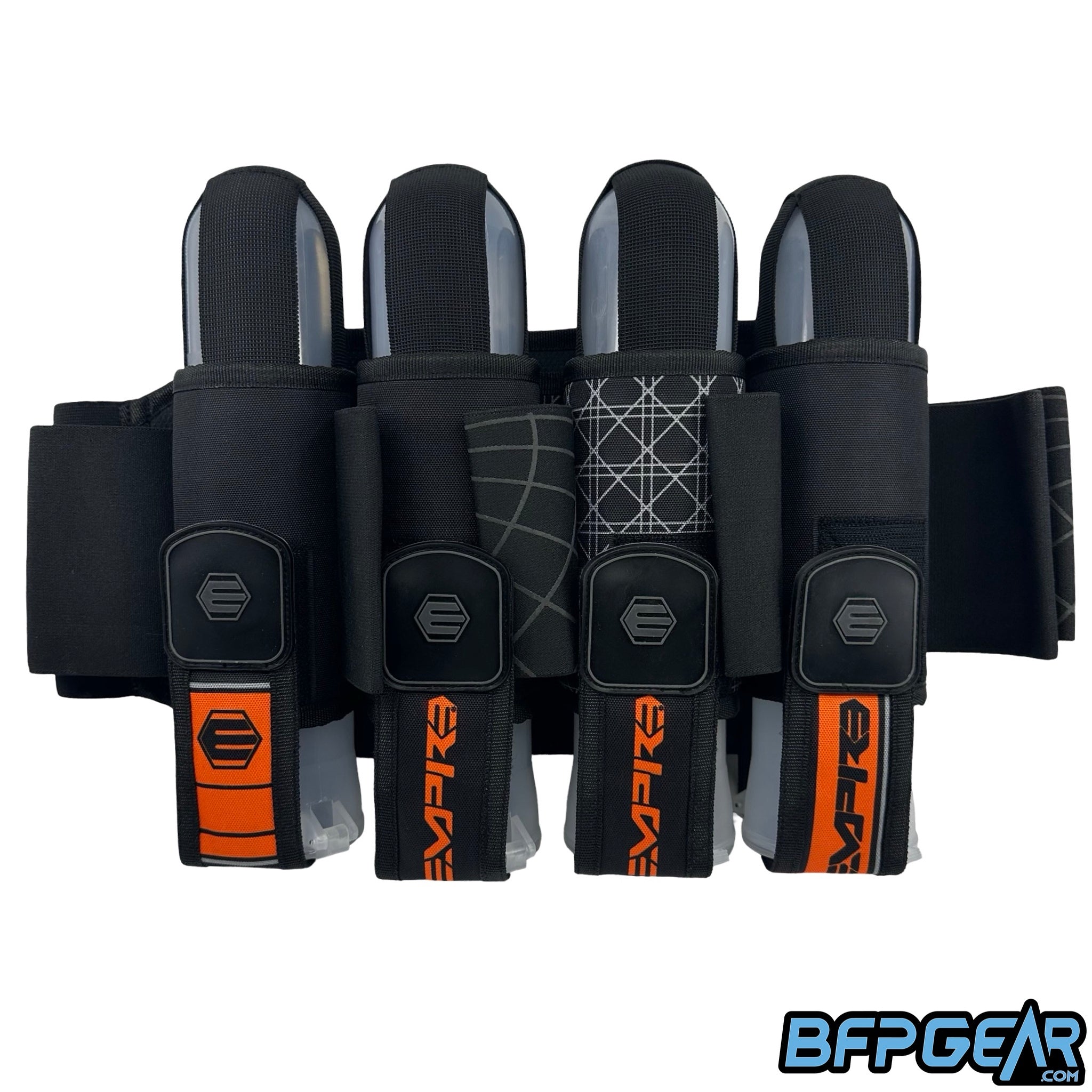 The Empire Compressor Paintball harness in the Inferno color way. Pod capacity is 4+7 and can hold up to 11 pods.