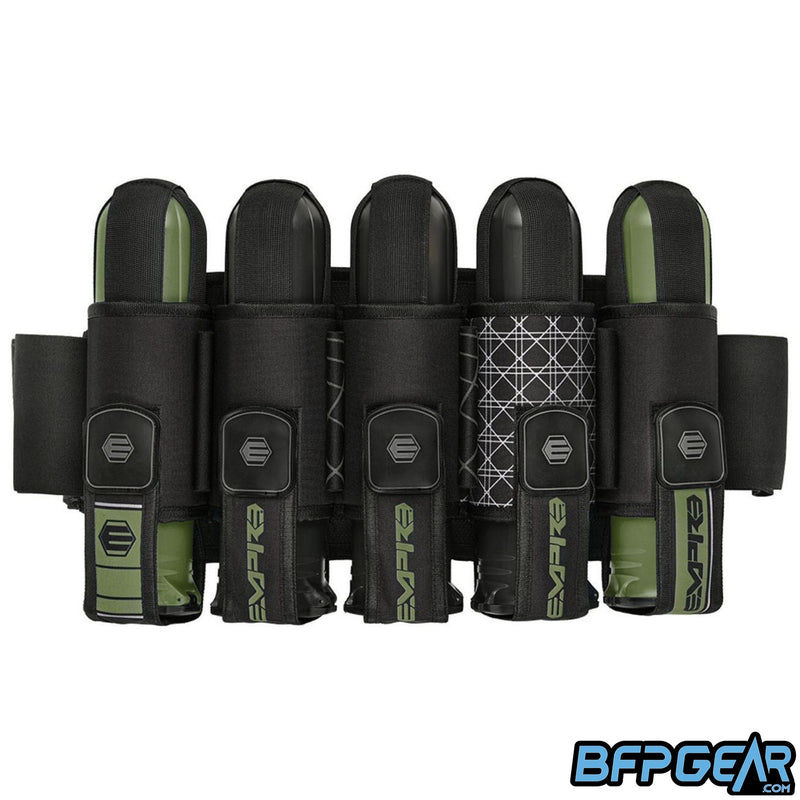 The Empire Compressor Paintball harness in the sage color way. Pod capacity is 5+8 and can hold up to 13 pods.