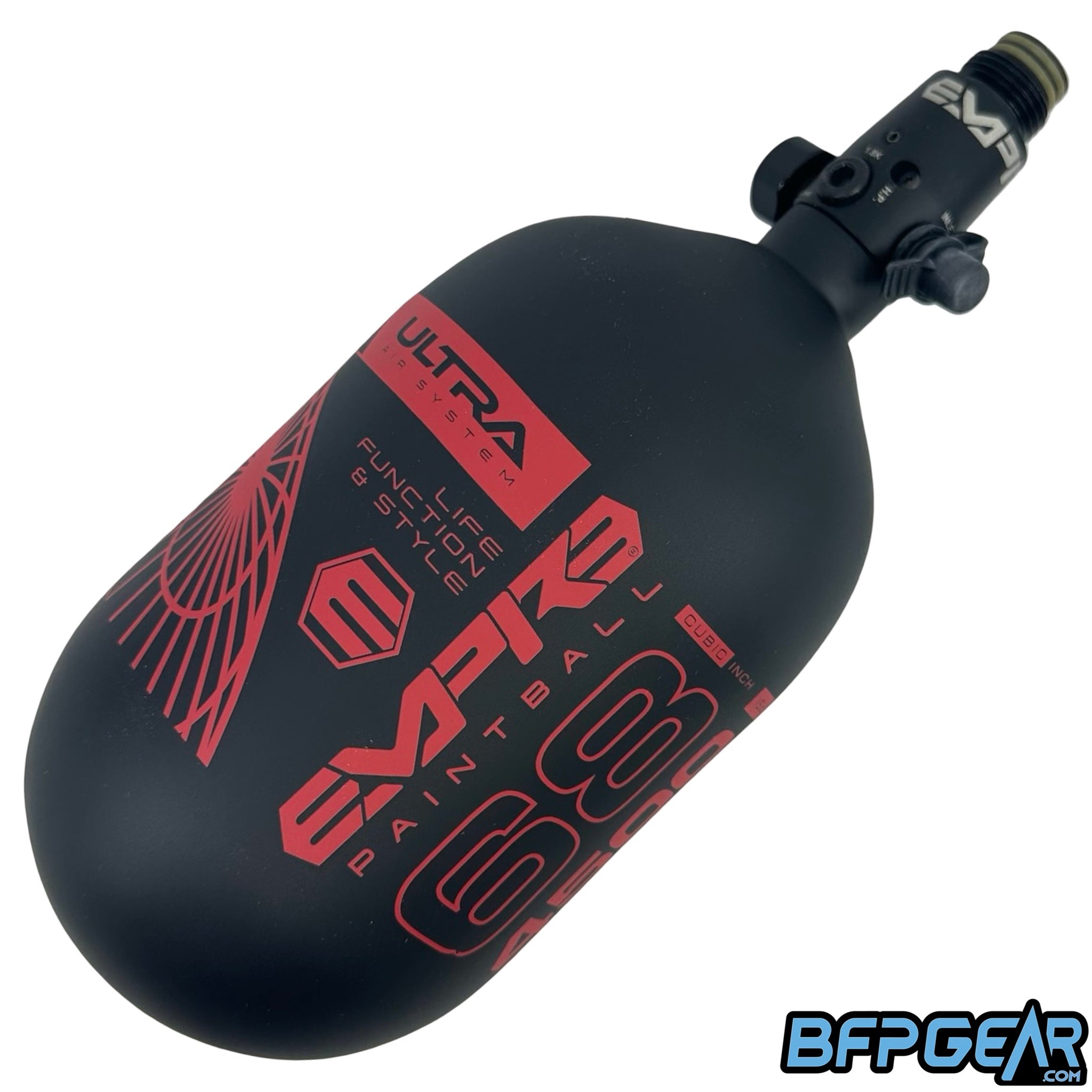 The Empire Ultra Light 68ci air tank with the FLO PRO regulator installed. Tank is black and red.