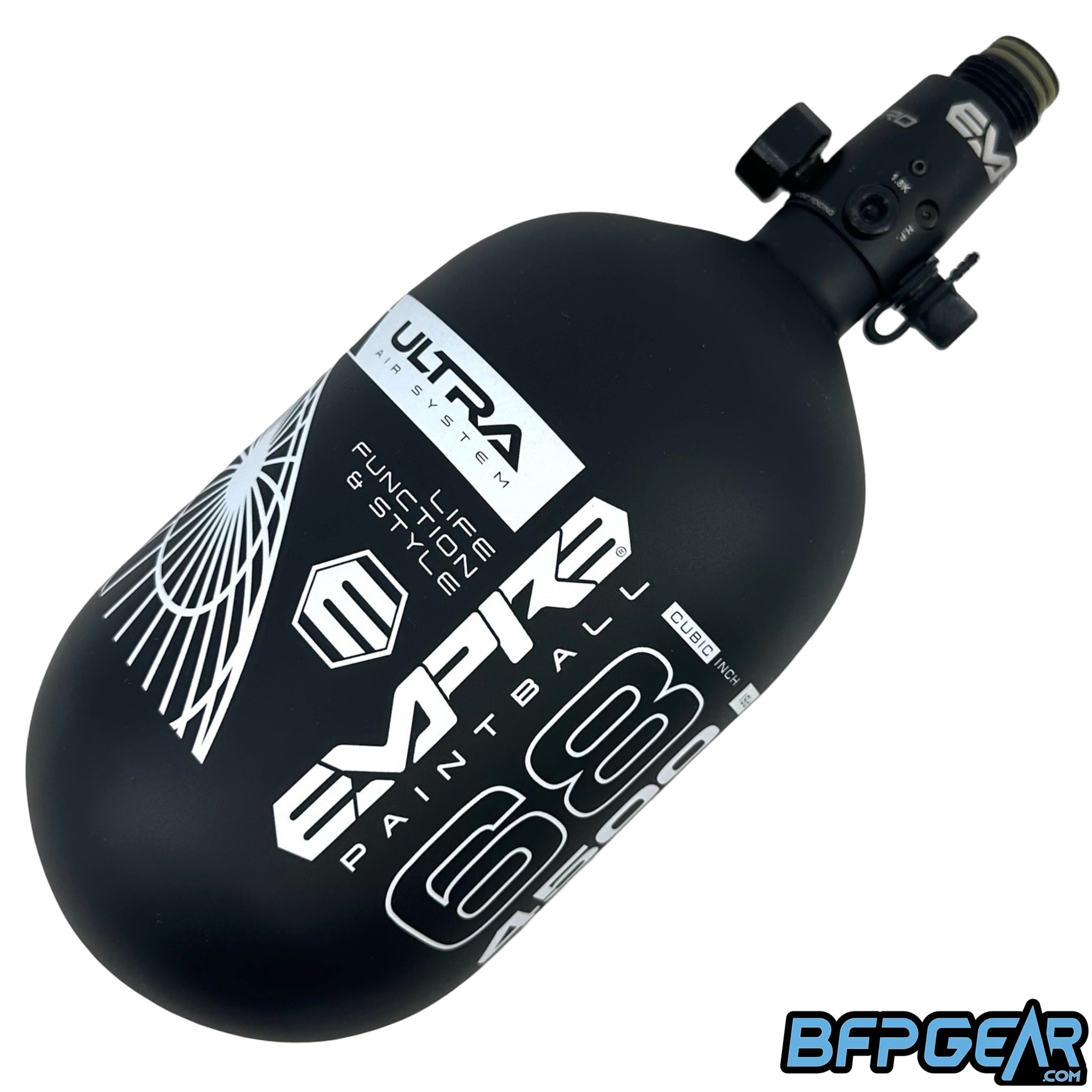 The Empire Ultra Light 68ci air tank with the FLO PRO regulator installed. Tank is black and white.