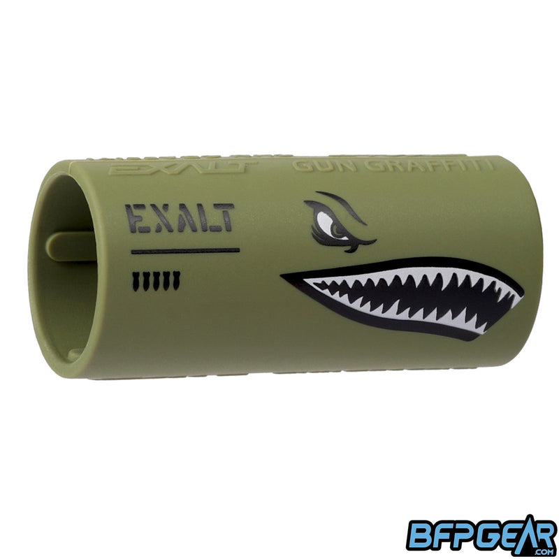 The Exalt Gun Graffiti Band in the Warhawk Olive style. Fits S63 and Shaft FL barrel backs.