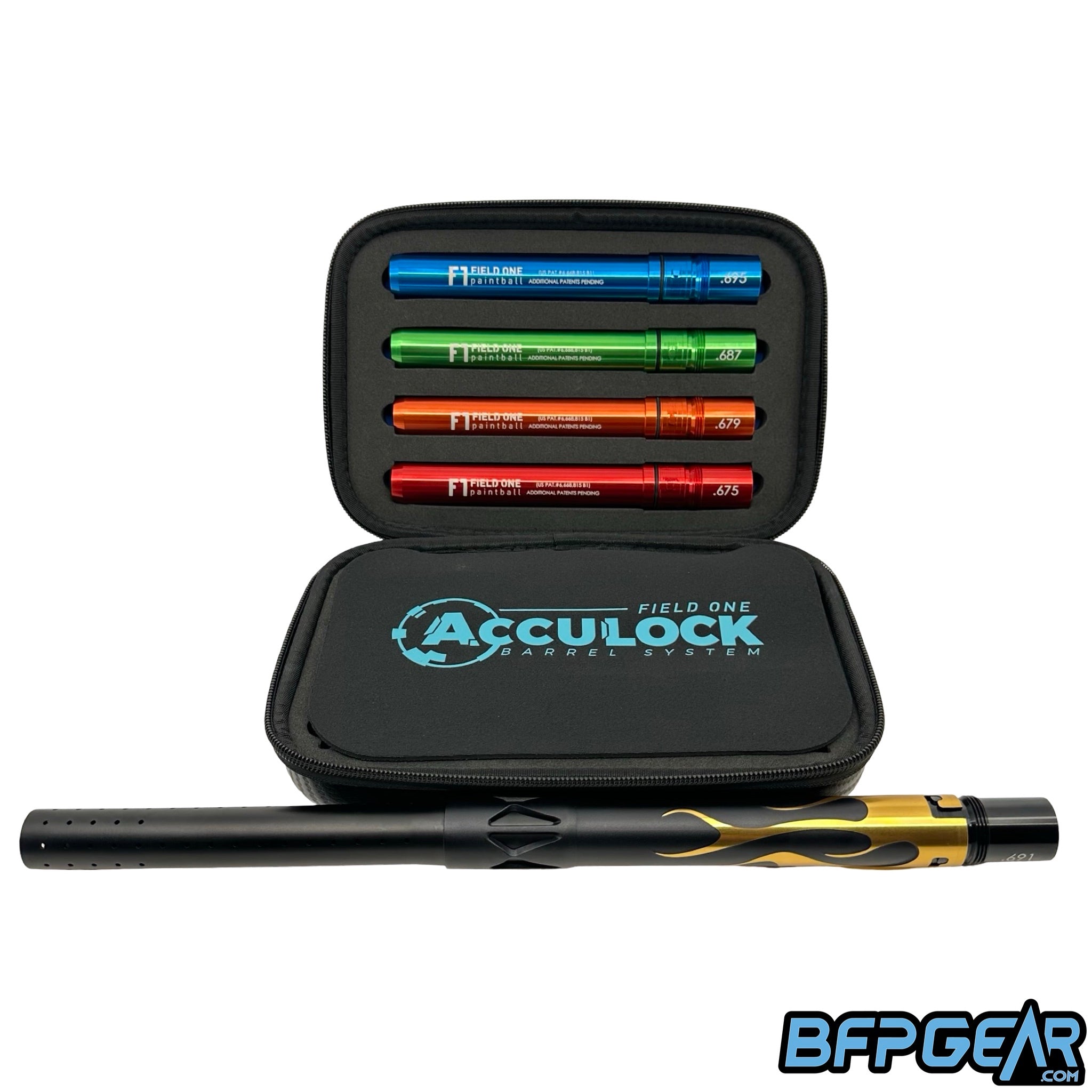 The Field One Acculock Flame barrel is dust black and gold. This full kit comes with 6 inserts, and the back has flames on it found on the Dragon Force.