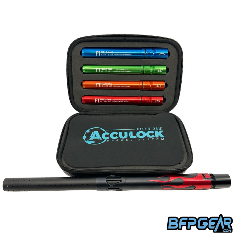 The Field One Acculock Flame barrel is dust black and red. This full kit comes with 6 inserts, and the back has flames on it found on the Dragon Force.