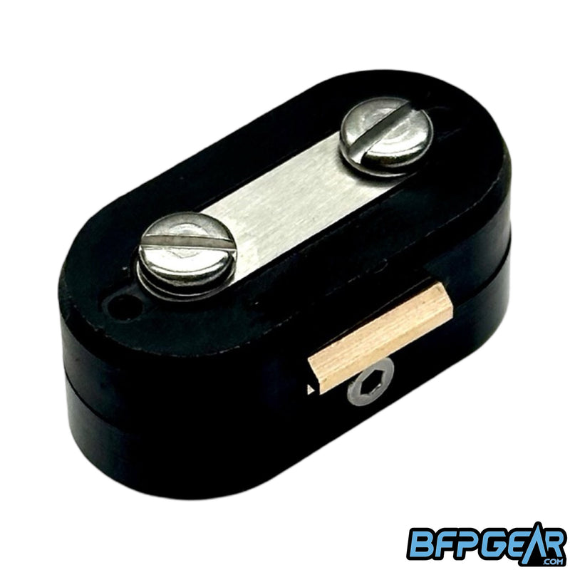 The Method Developments battery door for the Field One Force. Utilizes two brass teeth to lock into place.