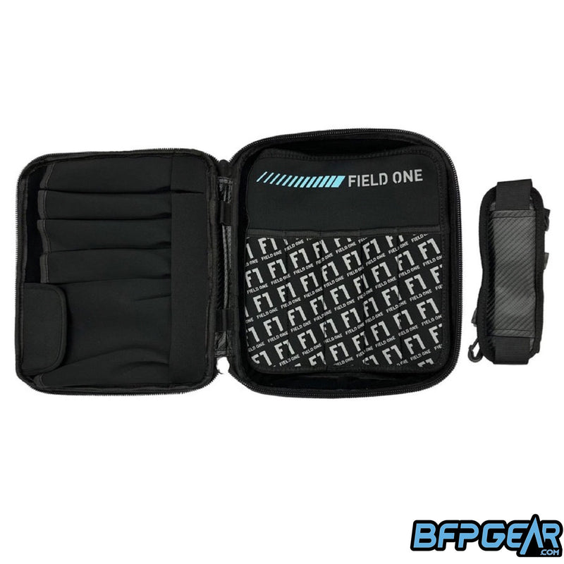 The inside of the Field One CF23 marker bag. Storage pockets and sleeves allow the user to store multiple barrels, parts kits, etc. All CF23 marker bags come with a shoulder sling.