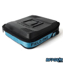 The side of the Field One CF23 marker bag. Blue stripe that reads Field One is show here and has plastic triangles for an arm sling to be fitted.
