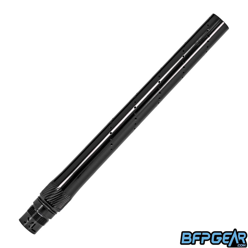 The Freak XL V2 barrel front, All American porting in gloss black. The porting pattern spirals through the barrel front.