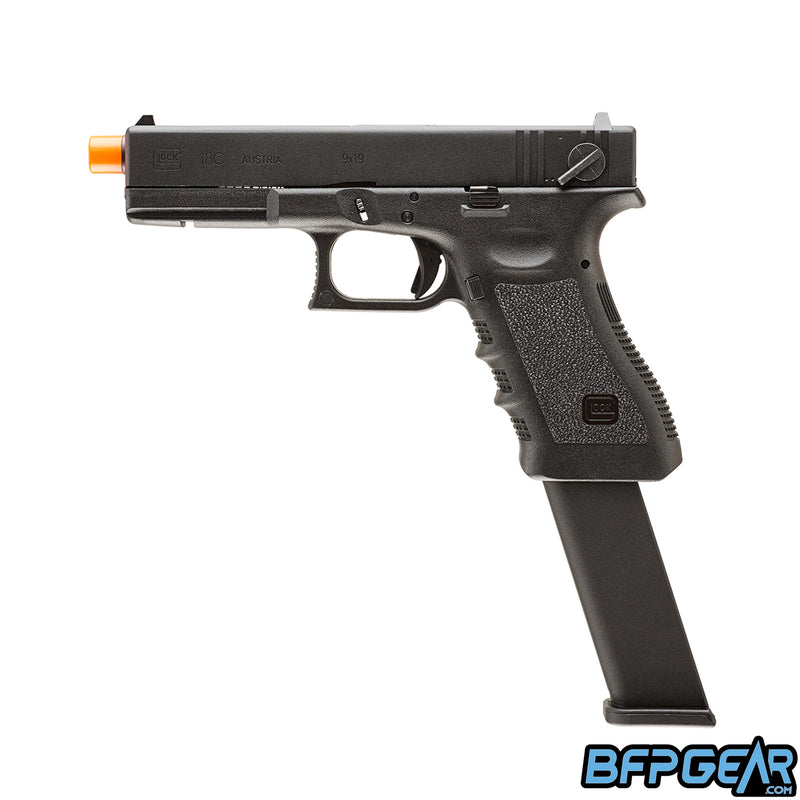 The Glock G18C Gen Gas Blow Back airsoft pistol. Comes with an extended magazine.