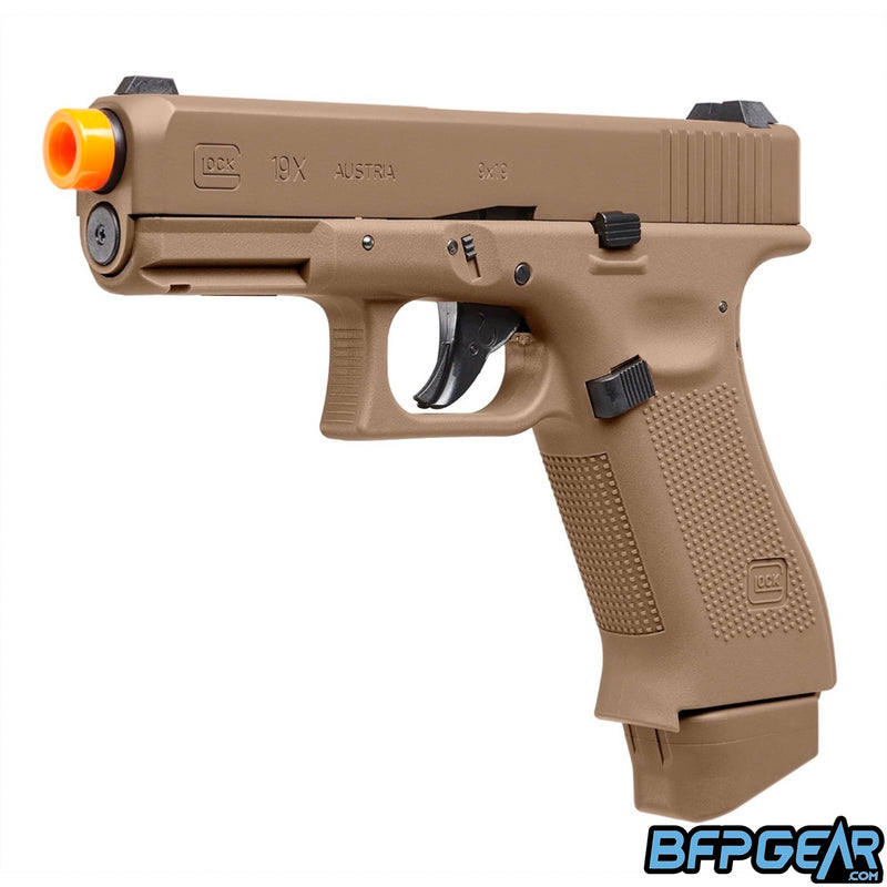 The Glock G19X CO2 Airsoft pistol in the Coyote color.