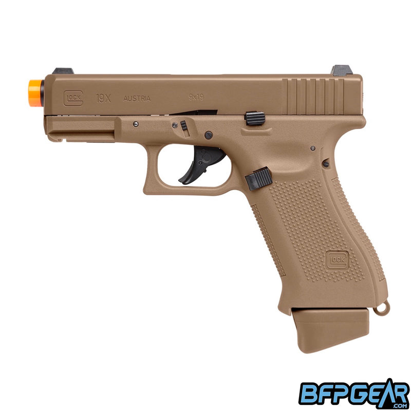 The Glock G19X CO2 Airsoft pistol in the Coyote color.