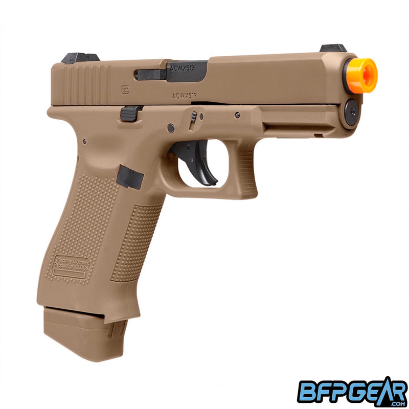 The Glock G19X CO2 Airsoft pistol in the Coyote color.