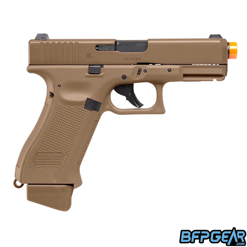 The Glock G19X CO2 Airsoft pistol in the Coyote color.
