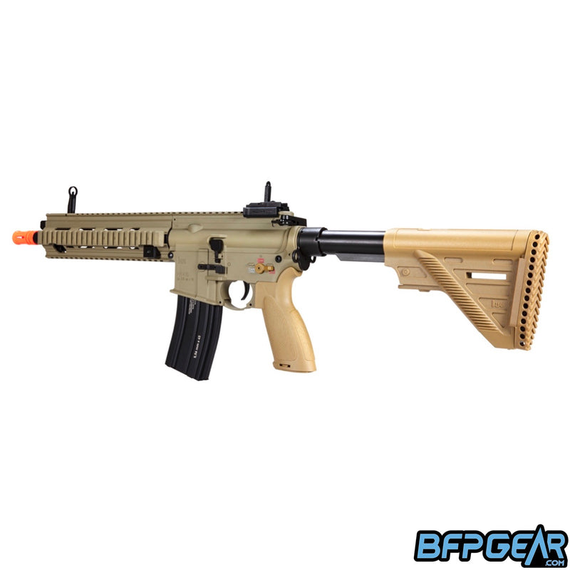 The H&K 416 A5 competition AEG airsoft rifle in tan.