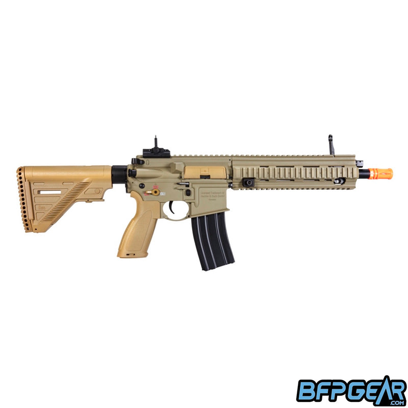 The H&K 416 A5 competition AEG airsoft rifle in tan.