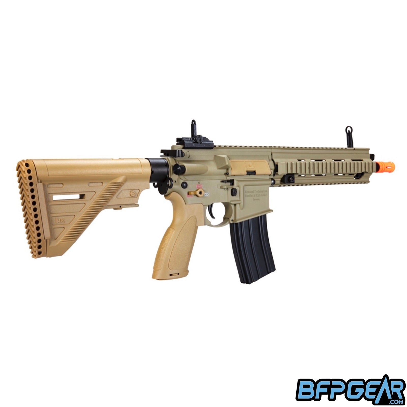 The H&K 416 A5 competition AEG airsoft rifle in tan.