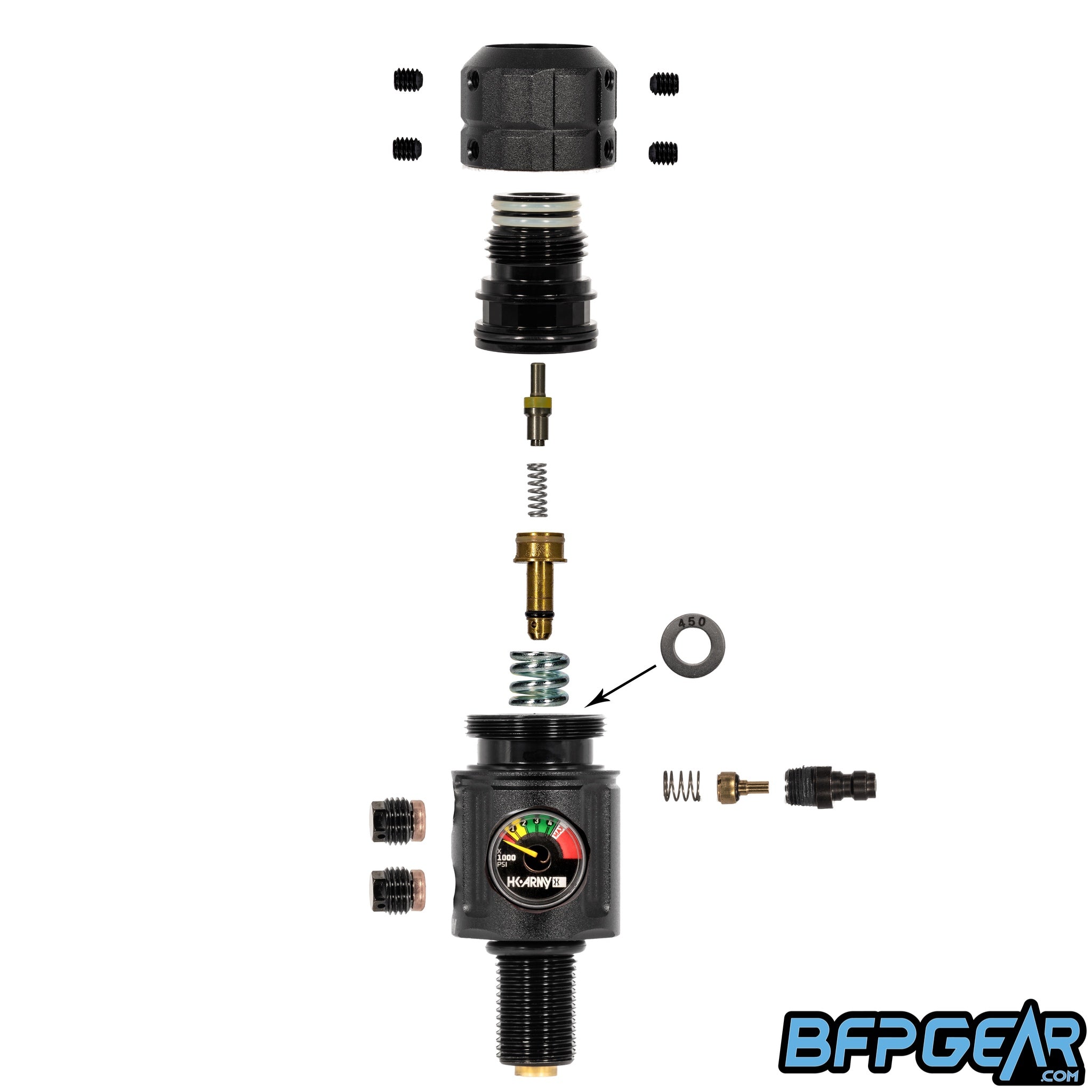 Turbine Pro Regulator with shims, O-rings, and rebuild kit components.