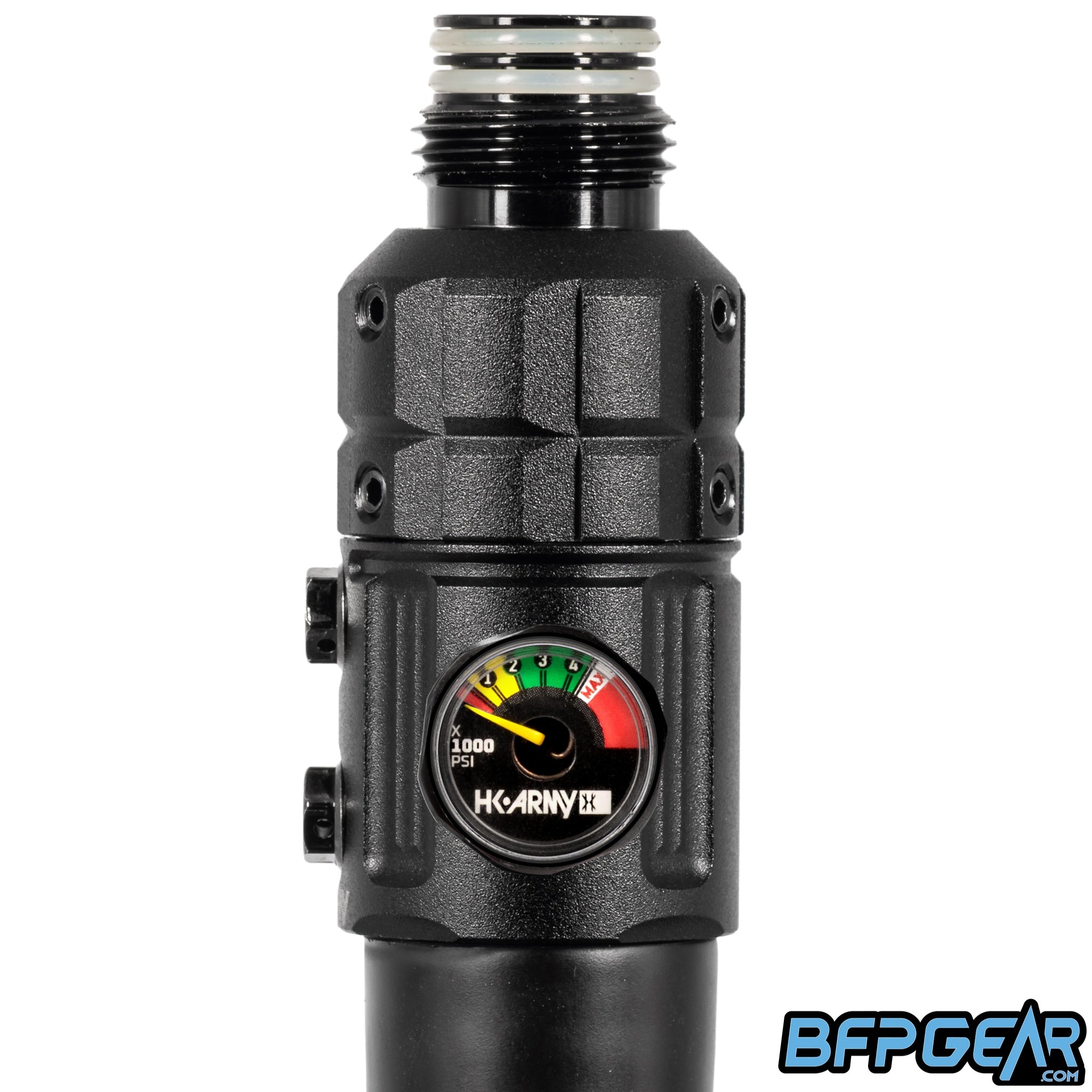 Turbine Pro Regulator Long Body installed on a paintball air tank during gameplay.