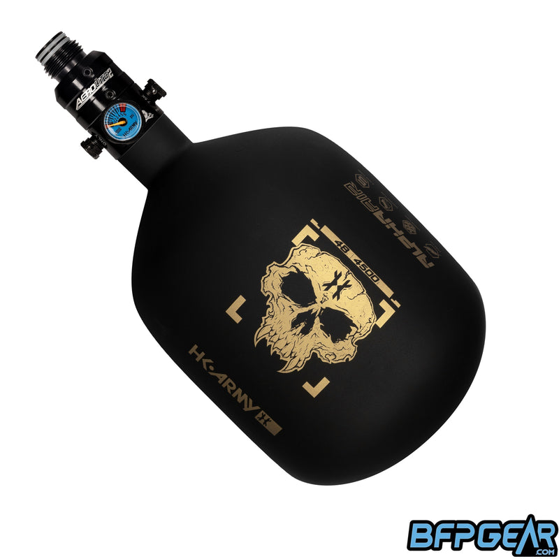 The HK Army Alpha Air 48ci air tank in the Doom pattern. The color is black and gold. Comes with a Pro V2 regulator.