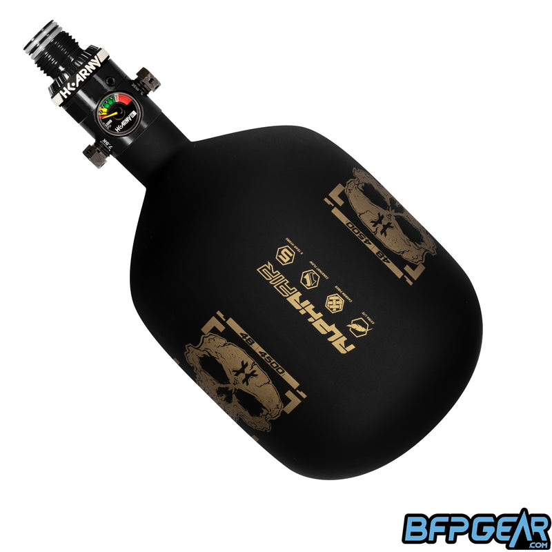 The HK Army Alpha Air 48ci air tank with the HP8 regulator in the Doom pattern. The bottle is black and gold.
