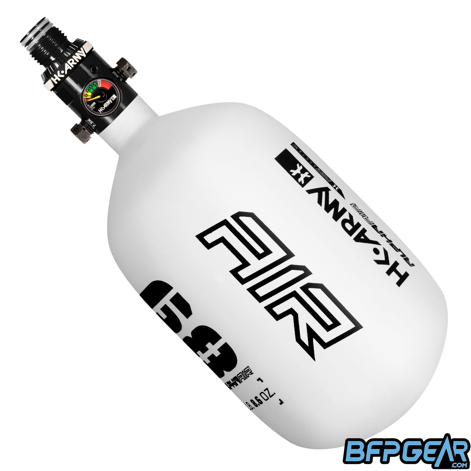 The HK Army Alpha Air 68ci air tank with the HP8 regulator in the Blizzard colorway. The bottle is white and black.