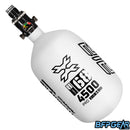 The HK Army Alpha Air 68ci air tank with the HP8 regulator in the Blizzard colorway. The bottle is white and black.