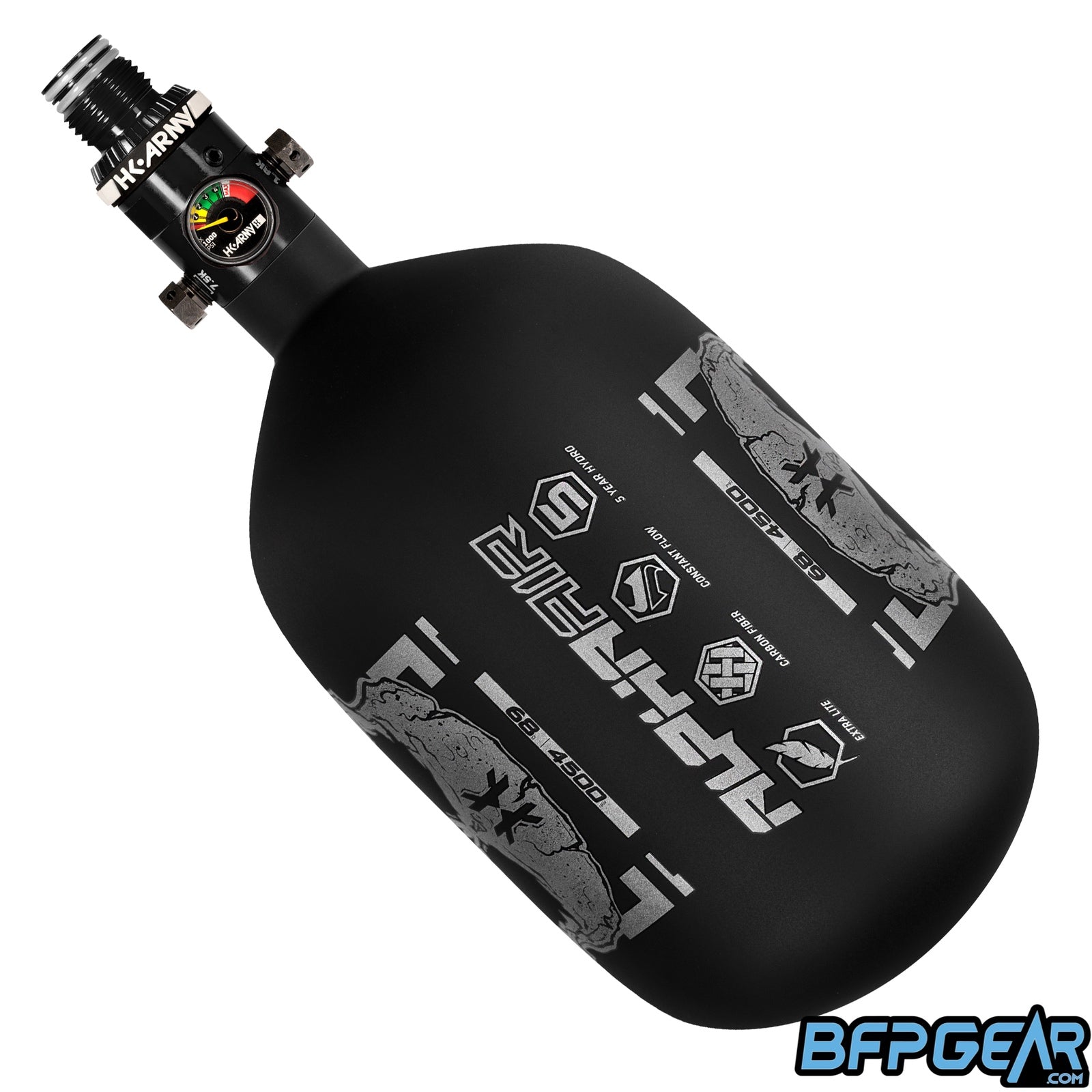 The HK Army Alpha Air 68ci air tank with the HP8 regulator in the Doom pattern. The bottle is black and silver.