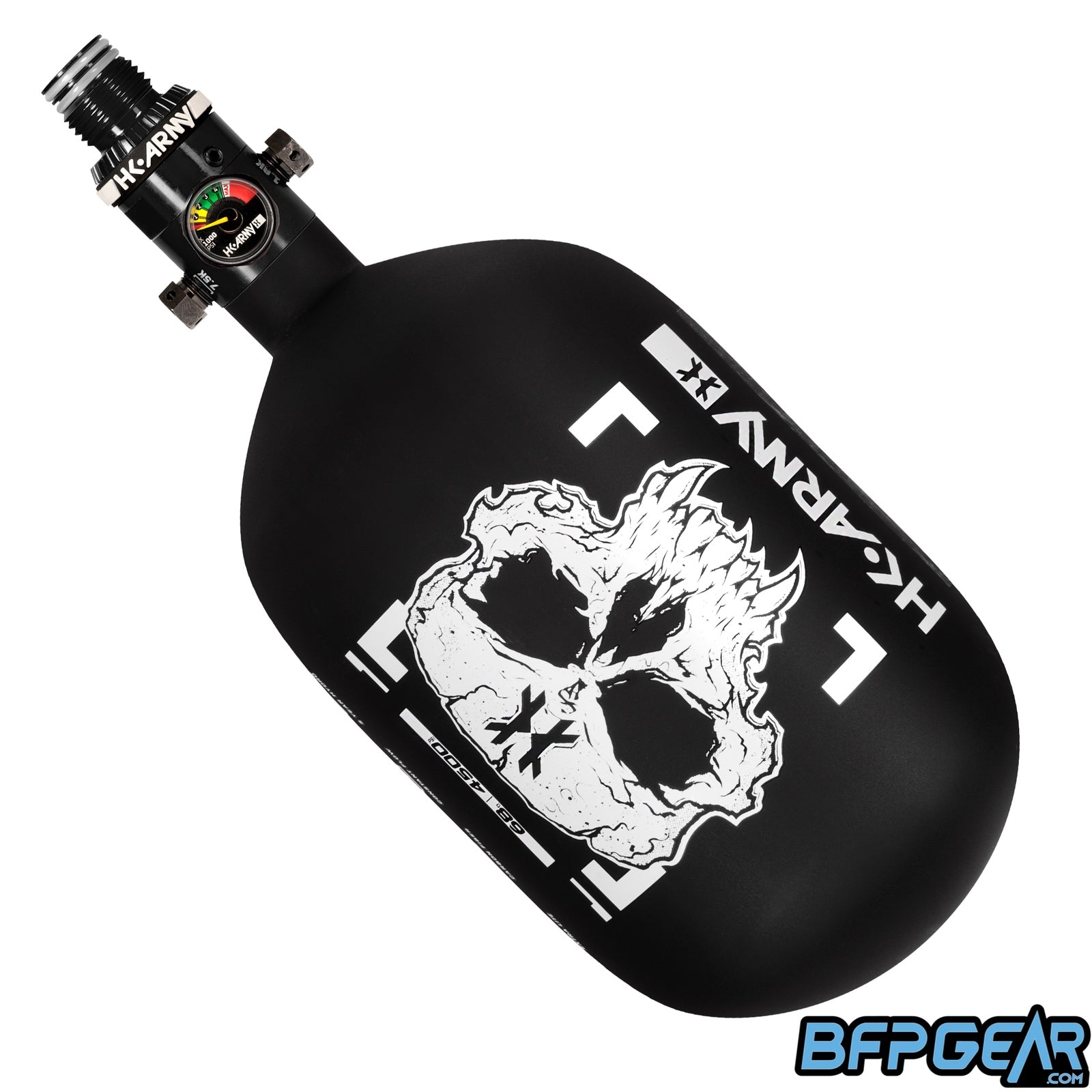 The HK Army Alpha Air 68ci air tank with the HP8 regulator in the Doom pattern. The bottle is black and white.
