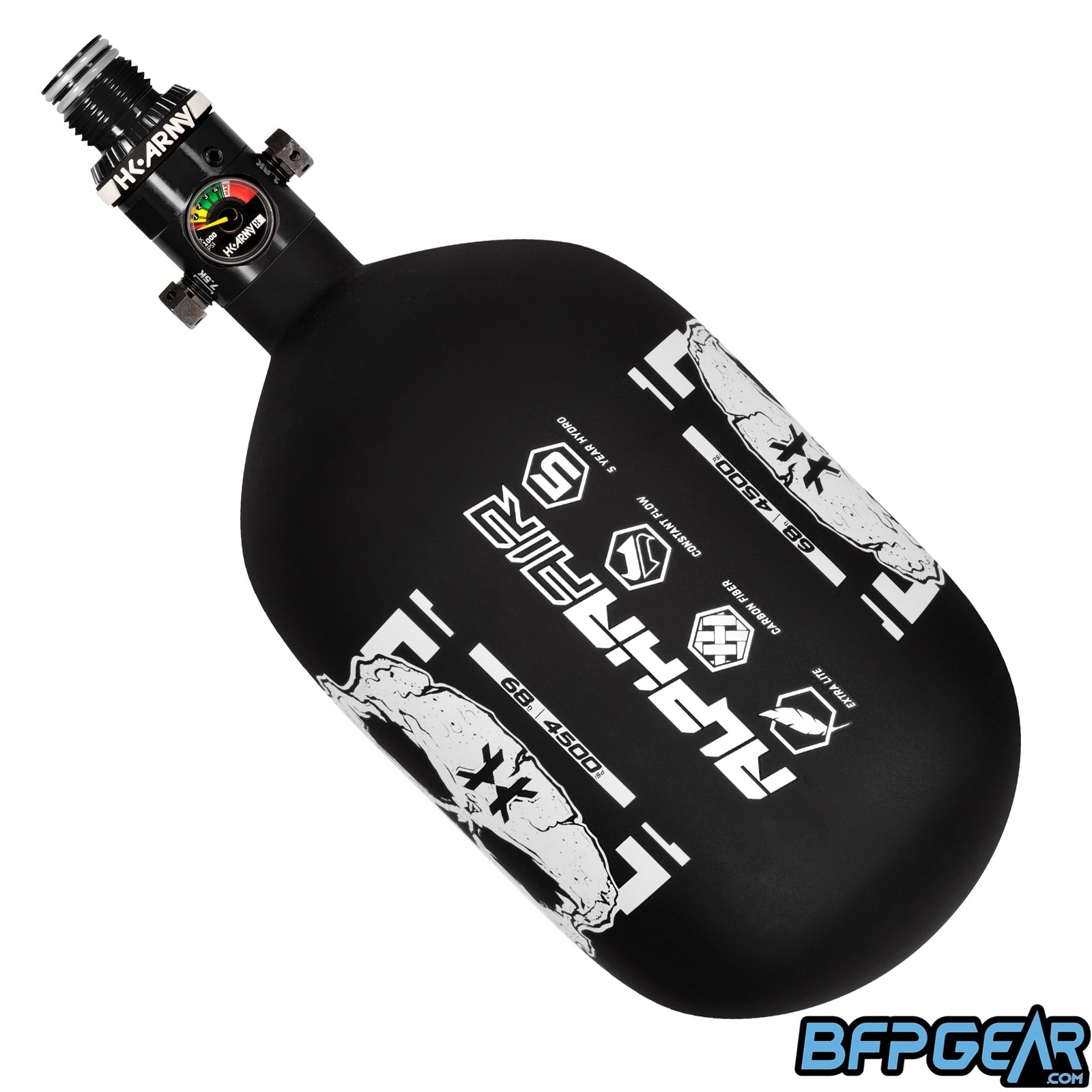 The HK Army Alpha Air 68ci air tank with the HP8 regulator in the Doom pattern. The bottle is black and white.