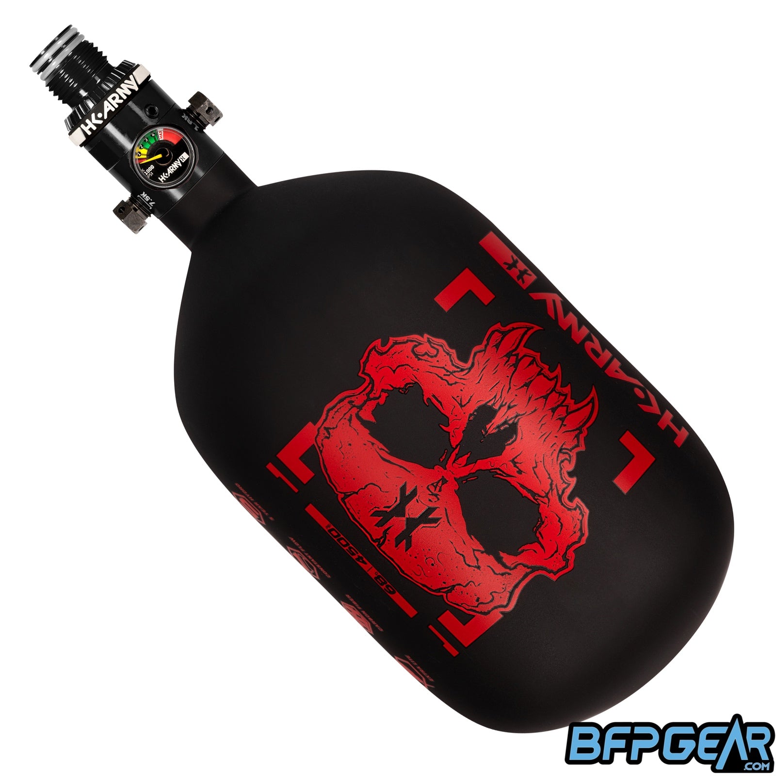 The HK Army Alpha Air 68ci air tank with the HP8 regulator in the Doom pattern. The bottle is black and red.
