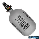 The HK Army Alpha Air 68ci air tank with the HP8 regulator in the Graphite colorway. The bottle is grey and black.