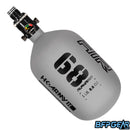 The HK Army Alpha Air 68ci air tank with the HP8 regulator in the Graphite colorway. The bottle is grey and black.