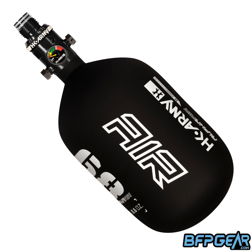 The HK Army Alpha Air 68ci air tank with the HP8 regulator in the Shadow pattern. The bottle is black and white.