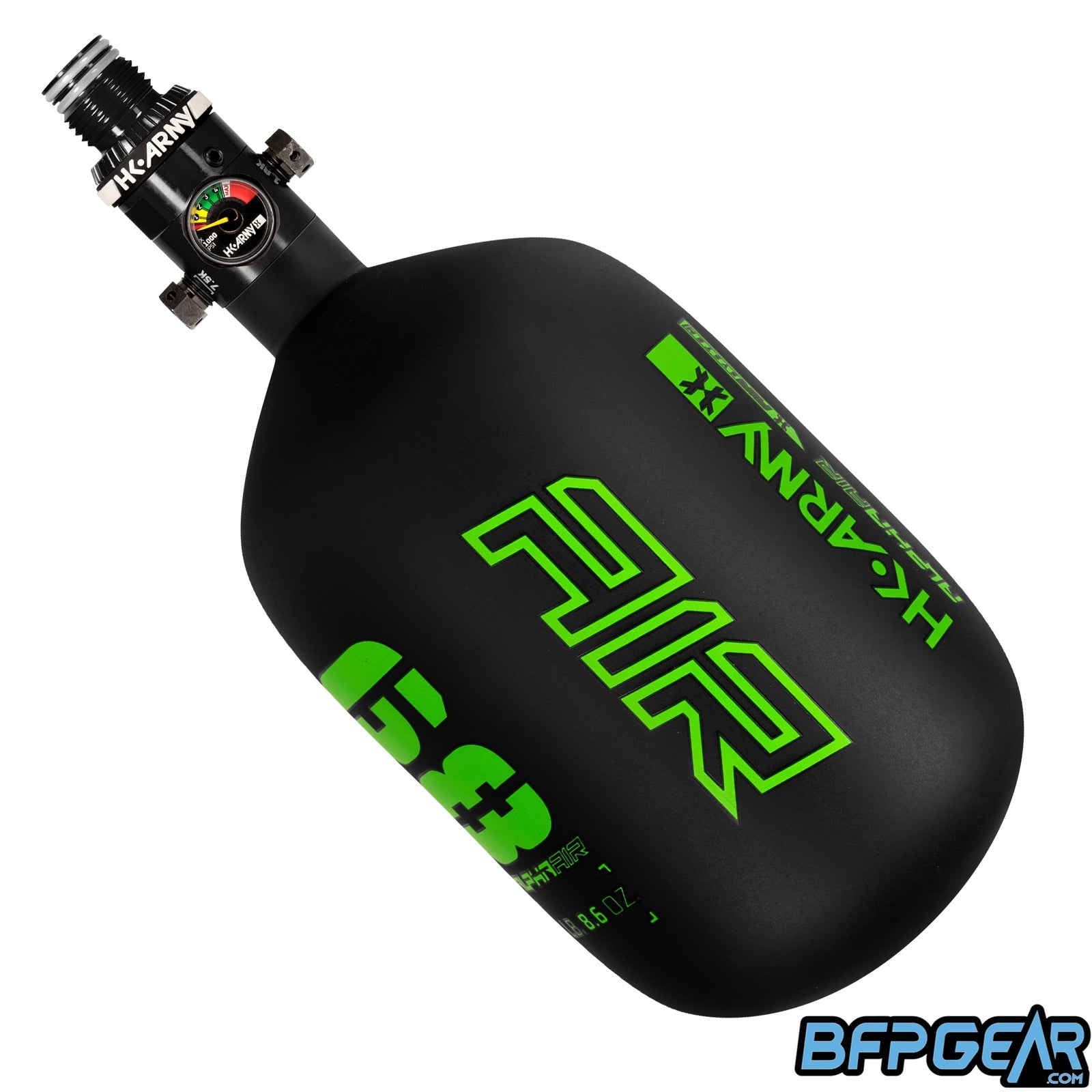 The HK Army Alpha Air 68ci air tank with the HP8 regulator in the Surge colorway. The bottle is black and neon green.