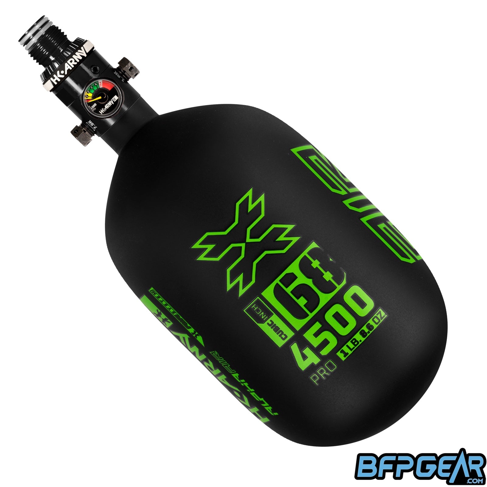 The HK Army Alpha Air 68ci air tank with the HP8 regulator in the Surge colorway. The bottle is black and neon green.