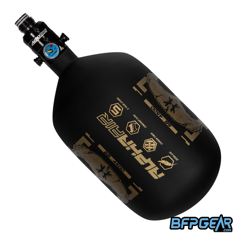 The HK Army Alpha 68ci air tank in the Doom pattern. Color way is black and gold