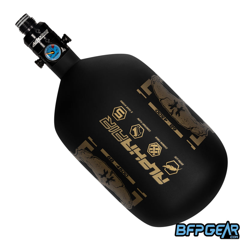 The HK Army Alpha 68ci air tank in the Doom Midas pattern. Color way is black and gold. Comes with a pro reg in black.