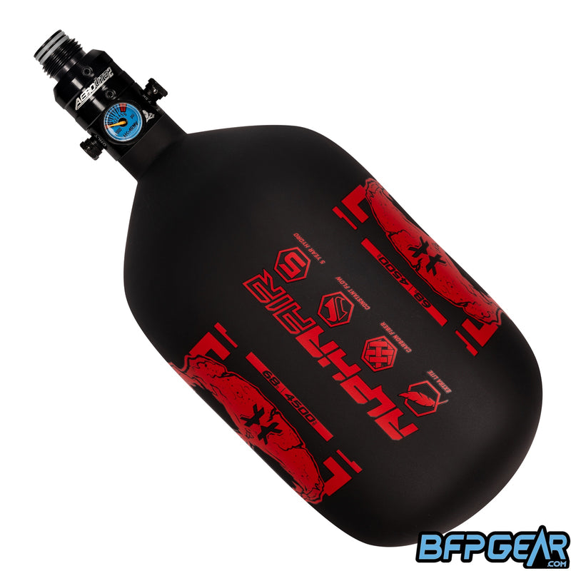 The HK Army Alpha 68ci air tank in the Doom Scorch pattern. Color way is black and red. Comes with a pro reg in black.