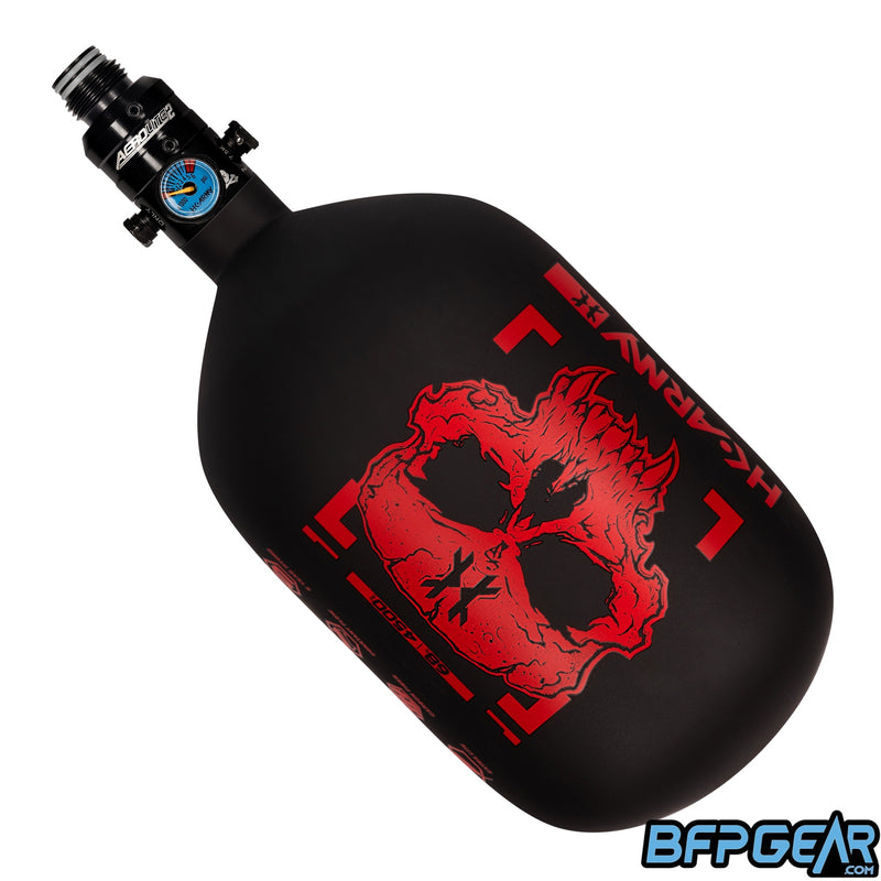 The HK Army Alpha 68ci air tank in the Doom Scorch pattern. Color way is black and red. Comes with a pro reg in black.