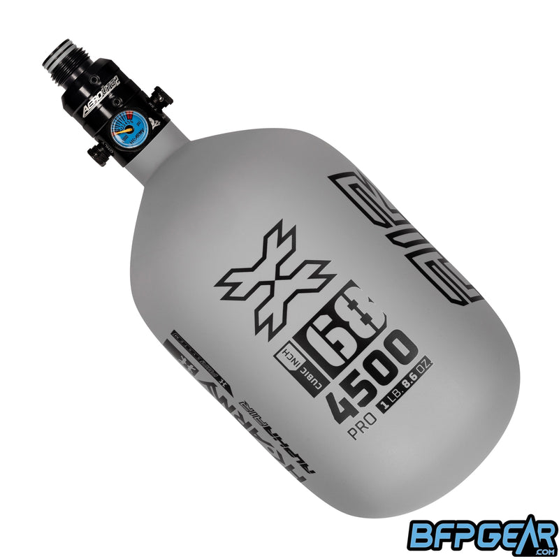 The HK Army Alpha 68ci air tank in the Graphite pattern. Color way is grey and black. Comes with a pro reg in black.