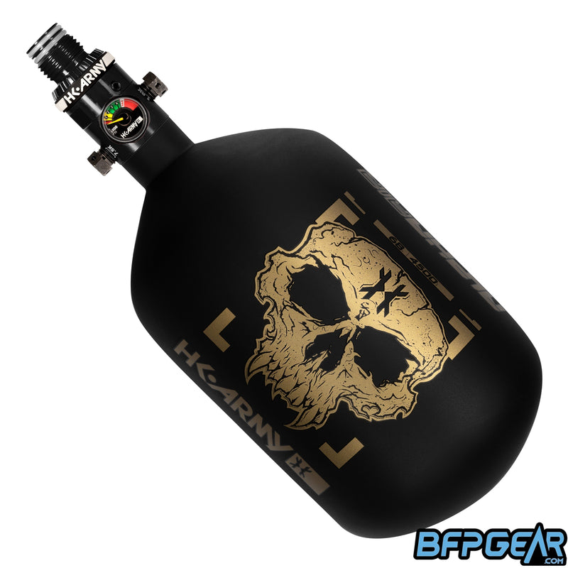 The HK Army Alpha Air 68ci air tank with the HP8 regulator in the Doom pattern. The bottle is black and gold.