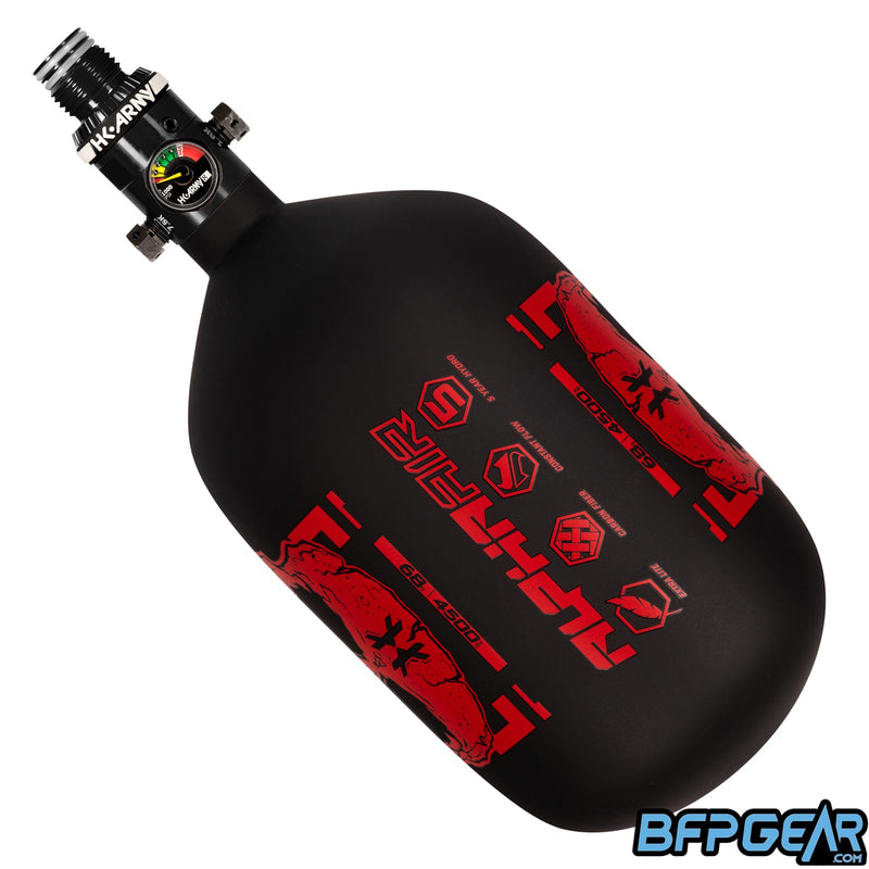 The HK Army Alpha Air 68ci air tank with the HP8 regulator in the Doom pattern. The bottle is black and red.