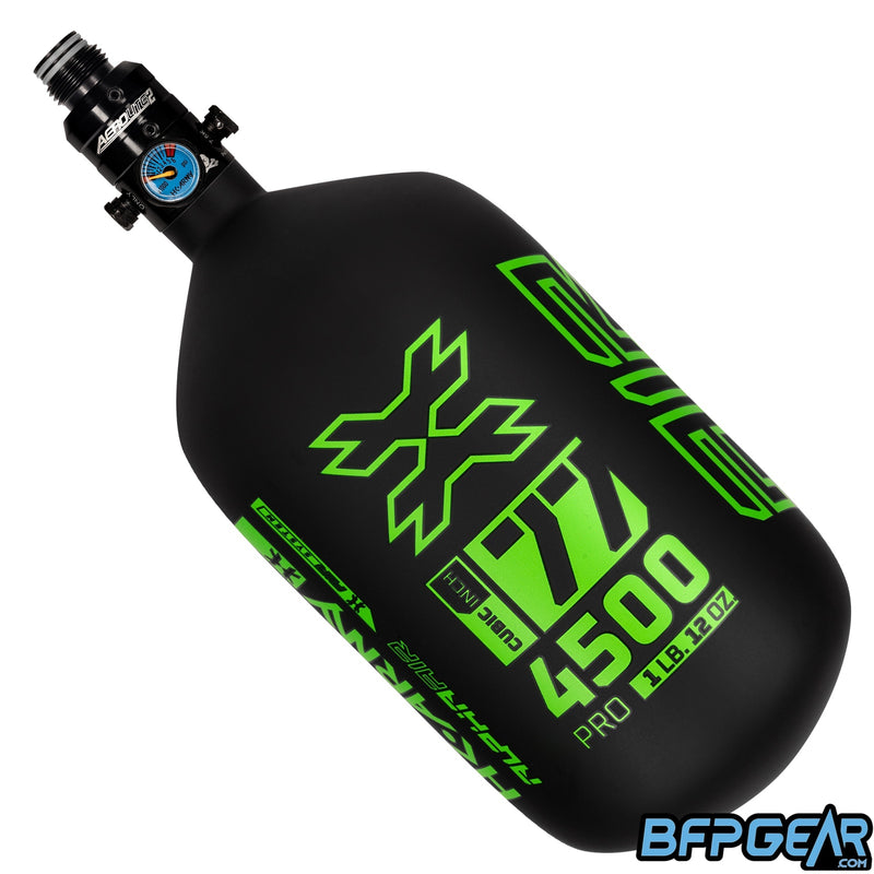 The HK Army Alpha 77ci air tank with a Pro V2 regulator in the Shadow pattern. Color way is black and neon green.