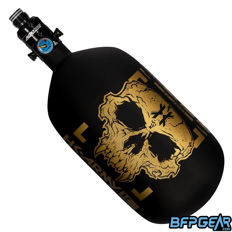 The HK Army Alpha 77ci air tank with a Pro V2 regulator in the Doom pattern. Color way is black and gold.