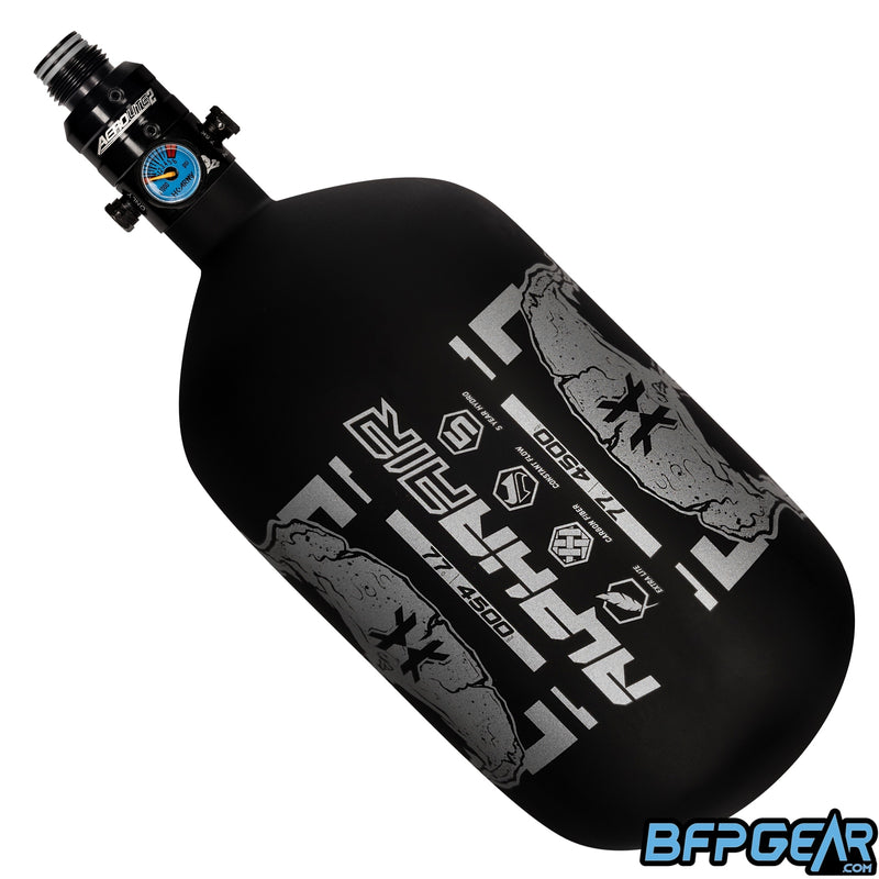 The HK Army Alpha 77ci air tank with a Pro V2 regulator in the Doom Alloy pattern. Color way is black and silver.