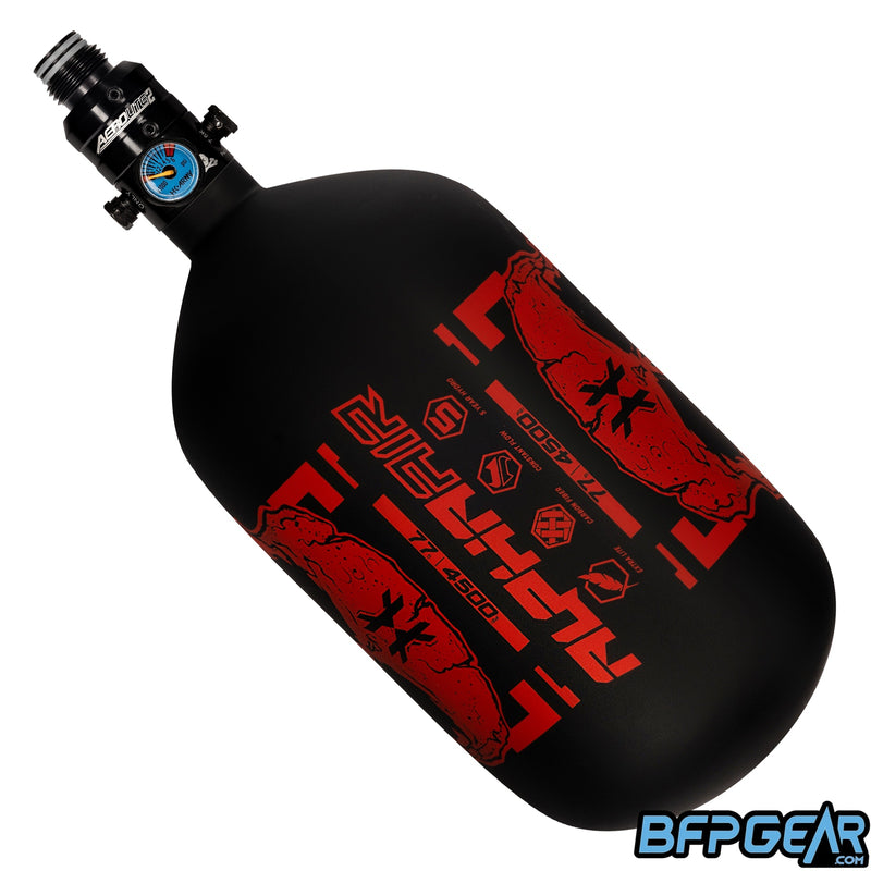 The HK Army Alpha 77ci air tank with a Pro V2 regulator in the Doom Scorch pattern. Color way is black and red.