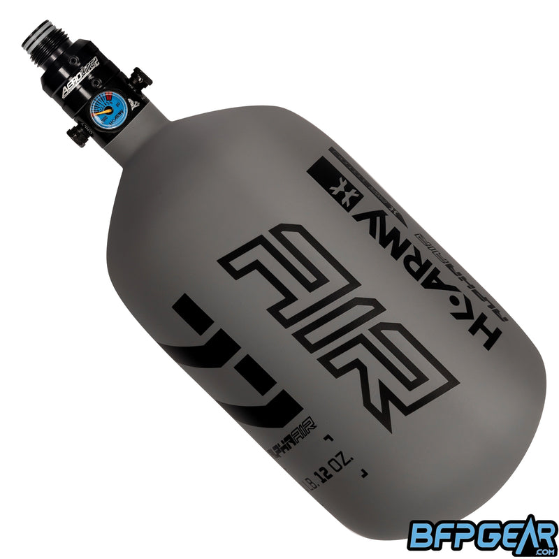 The HK Army Alpha 77ci air tank with a Pro V2 regulator in the Graphite pattern. Color way is grey and black.
