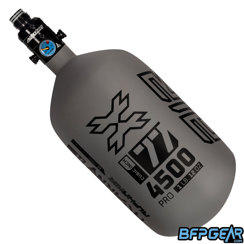 The HK Army Alpha 77ci air tank with a Pro V2 regulator in the Graphite pattern. Color way is grey and black.