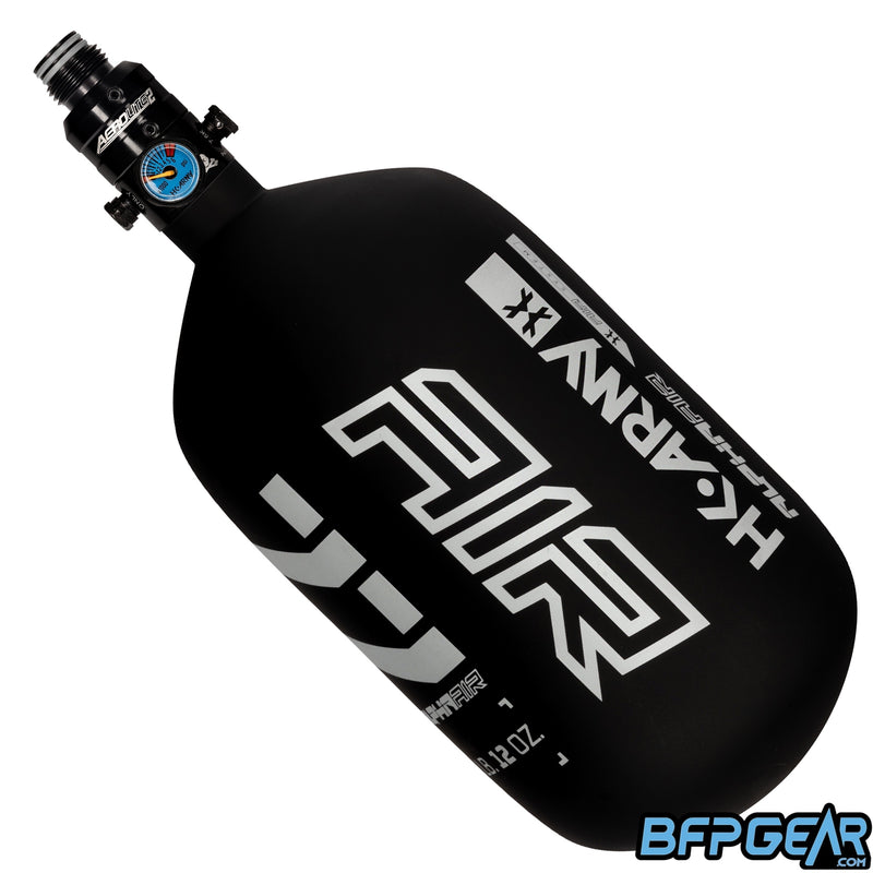 The HK Army Alpha 77ci air tank with a Pro V2 regulator in the Shadow pattern. Color way is black and white.
