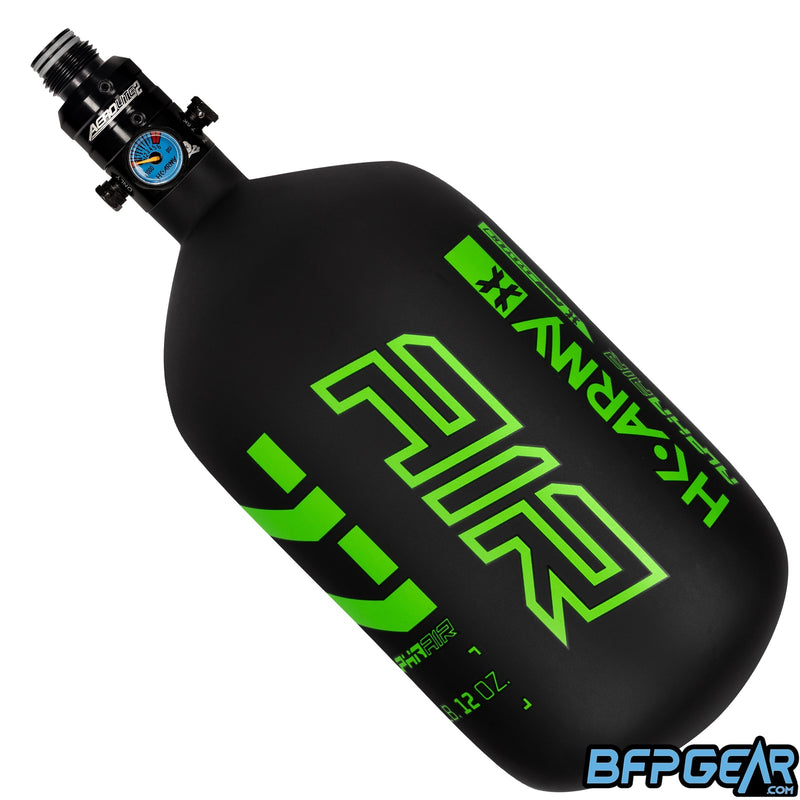 The HK Army Alpha 77ci air tank with a Pro V2 regulator in the Surge pattern. Color way is black and neon green.